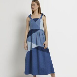 River Island Denim Smocked Dress Patchwork Sundress MIDI size 14